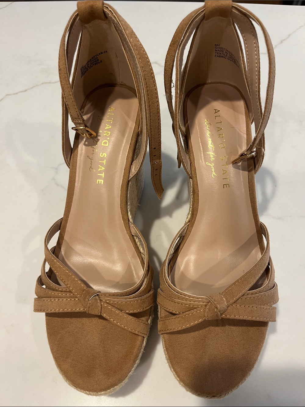 Altar'd State Tan Suede Knot-Front Ankle-Strap 4” Wedge Heel